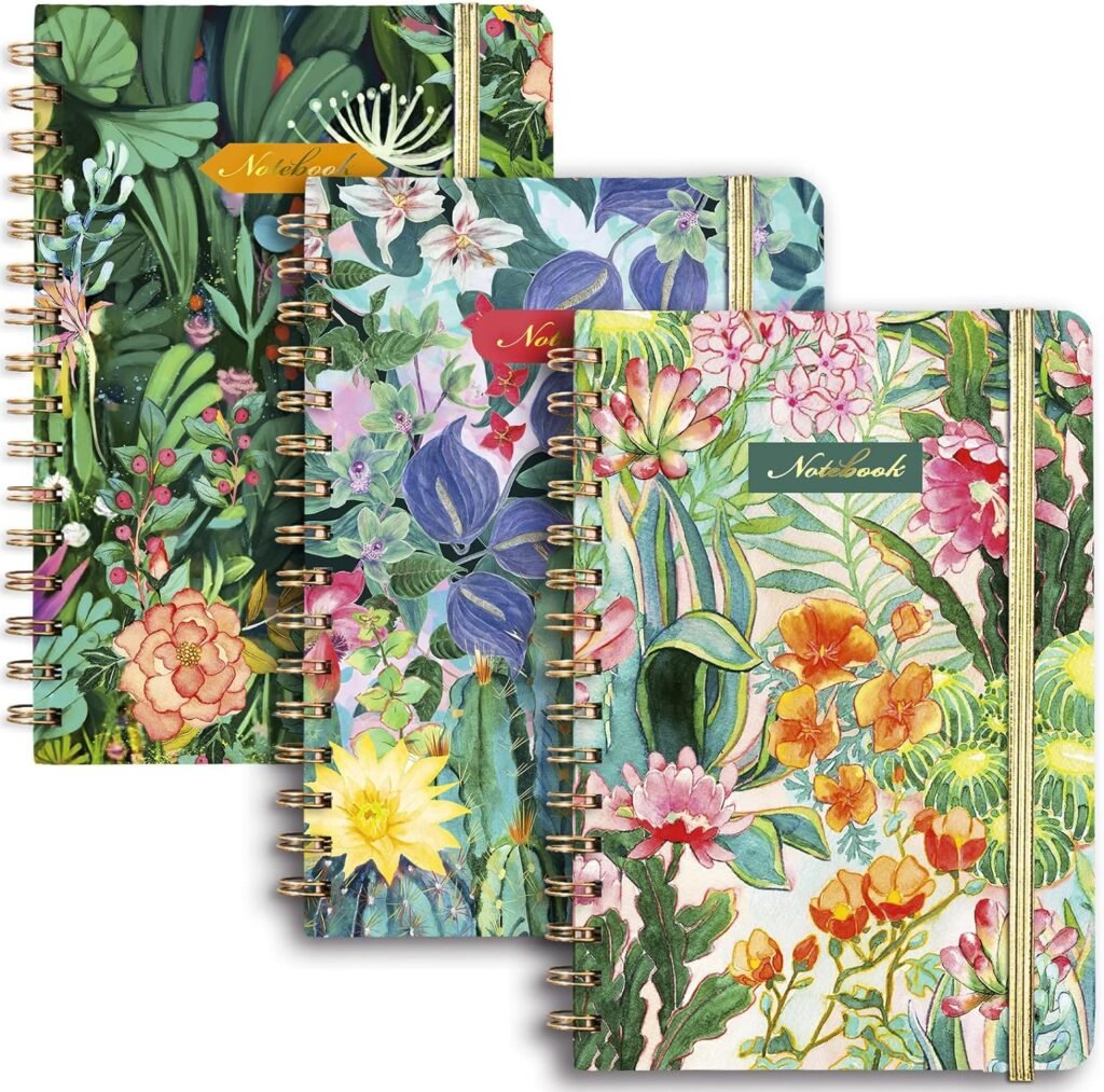 EOOUT 3 Pack Spiral Notebook, Journal for Women, Hardcover Spiral Journal, 5.5 x 8.3 Inches, 160 Pages, Cute Blooming Floral, Back Pocket, 100gsm Paper, for Gifts, Work, Office and School Supplies