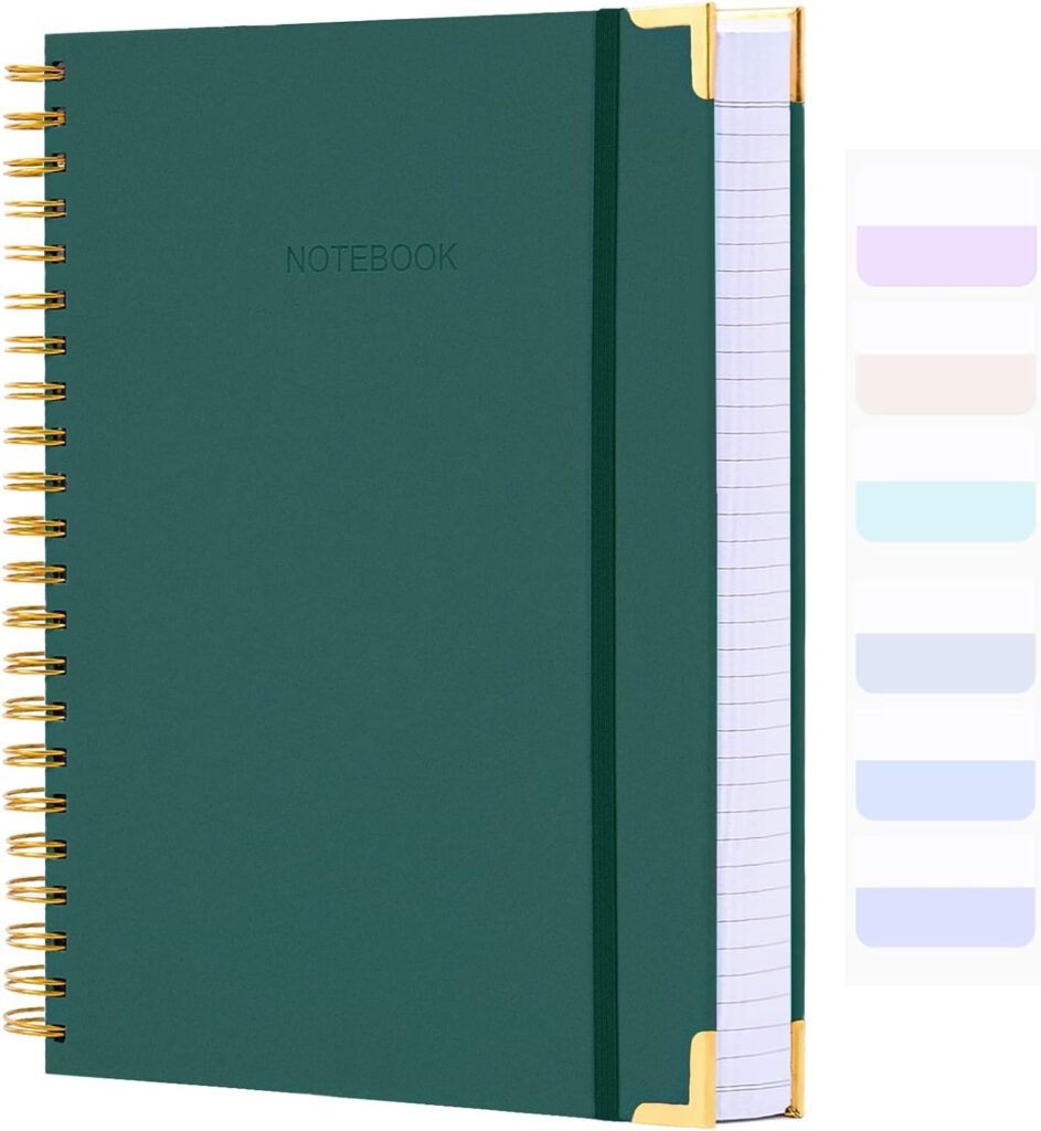 Spiral Notebook, College Ruled Notebook Journal, 7” x 10”, 300 Pages Leather Writing Journal for Women Men, B5 Hardcover Notebook for Work School, 24pcs Index Tabs, Green